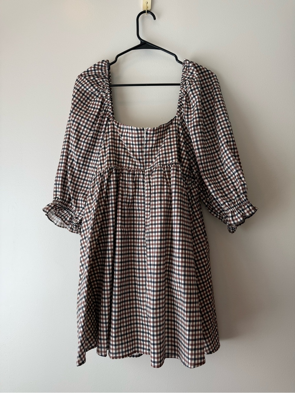Storia Plaid Puff-Sleeve Square Neck Mini Dress in Brown - Picture 4 of 7